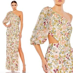 Mac Duggal One Shoulder Floral Embellished Gown In Nude Multi A5567 Size 0
